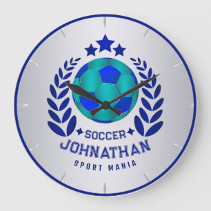 Soccer Ball Crest   Bright Blue Sport Fan Gifts  Large Clock