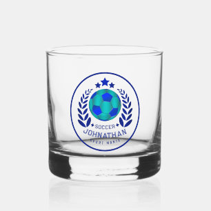 Soccer Ball Crest   Bright Blue Sport Fan Gifts  Whiskey Glass