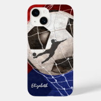 Soccer ball denting the net red blue girl's soccer