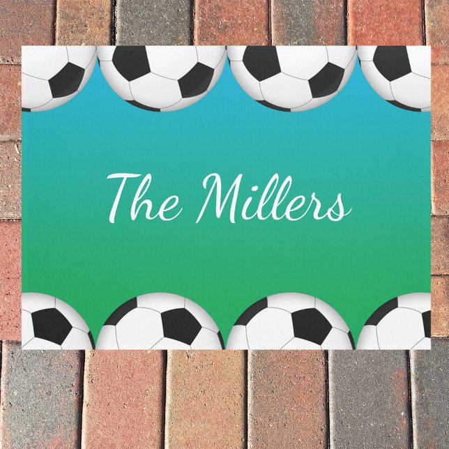 Soccer ball design with family name or monogram doormat (Creator Uploaded)