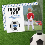 Soccer Ball Football Blue Kids Photo Birthday Thank You Card<br><div class="desc">Soccer Ball Football Blue Kids Photo Birthday Thank You Card. Soccer birthday thank you card with photo, thank you message, name and a soccer ball. On the back of the card are blue stripes. Add your photo to the template. Personalize the card with your name and your text. Great for...</div>