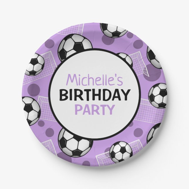 Soccer Ball Goal Purple Personalized Paper Plate (Front)