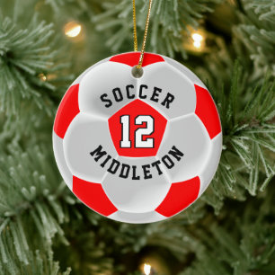 Soccer ⚽ Ball in a Red and White Ceramic Ornament