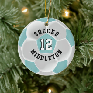 Soccer ⚽ Ball in a Teal and White Ceramic Ornament