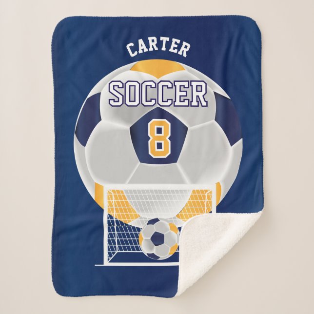 Soccer Ball in Gold, White and Blue Sherpa Blanket (Front)