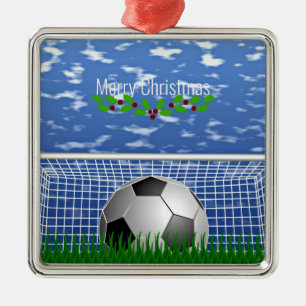 Soccer ball in the net, Merry Christmas, Metal Ornament
