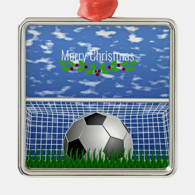 Soccer ball in the net, Merry Christmas, Metal Ornament (Front)