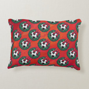 Soccer Ball in Wreath Pattern on Red Accent Pillow
