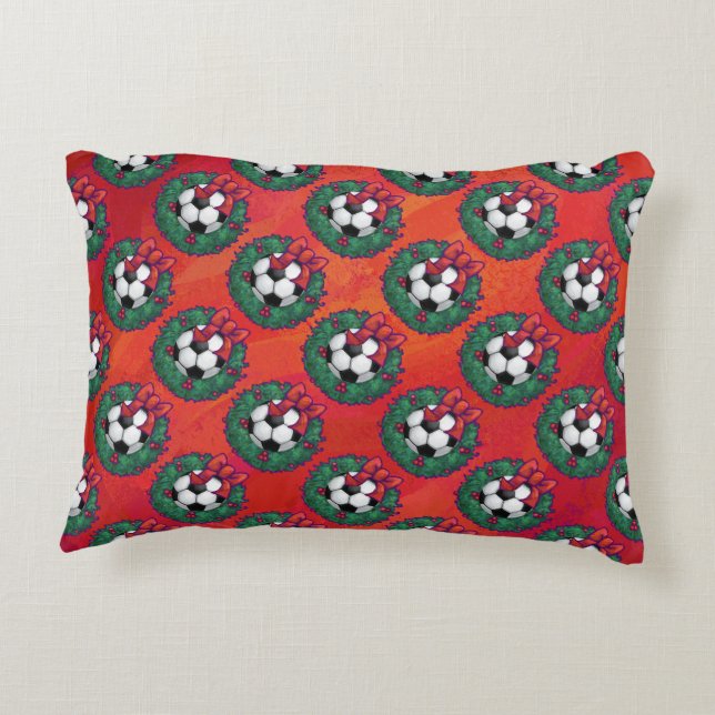 Soccer Ball in Wreath Pattern on Red Accent Pillow (Back)