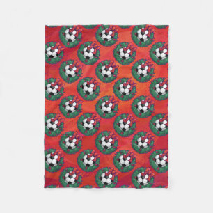 Soccer Ball in Wreath Pattern on Red Fleece Blanket