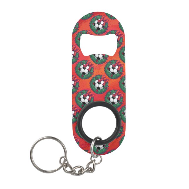 Soccer Ball in Wreath Pattern on Red Mini Bottle Opener (Front)