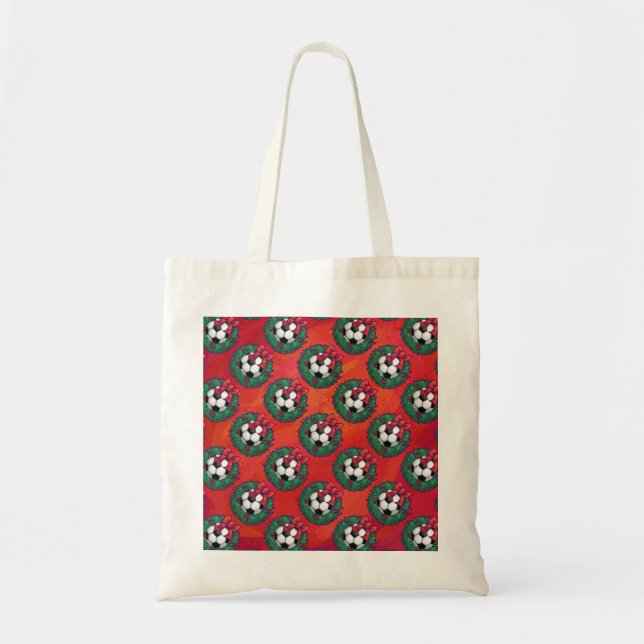 Soccer Ball in Wreath Pattern on Red Tote Bag (Front)