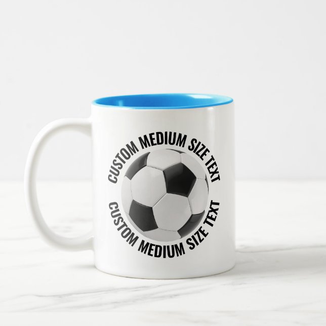 Soccer Ball & Medium Text LIGHT BLUE 11oz Custom Two-Tone Coffee Mug (Left)