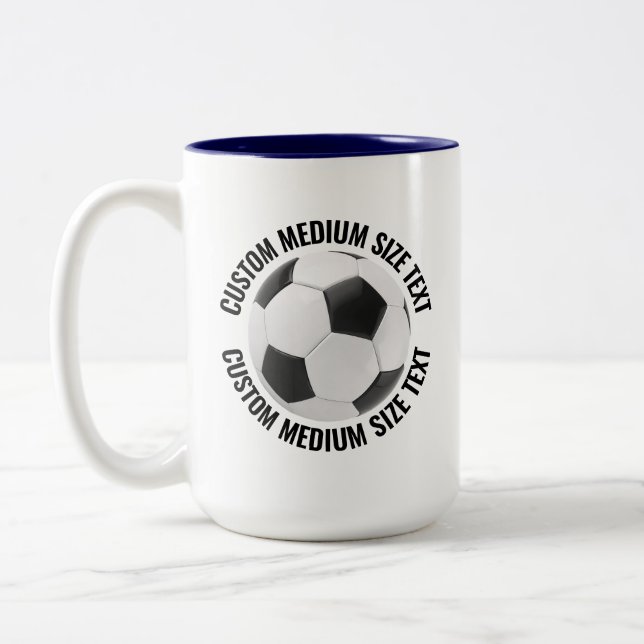 Soccer Ball & Medium Text NAVY BLUE 15oz Custom Two-Tone Coffee Mug (Left)