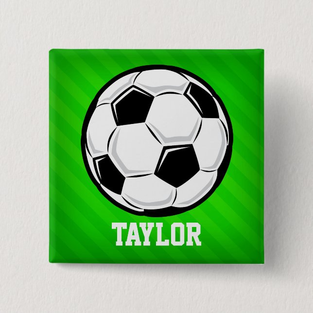 Soccer Ball; Neon Green Stripes 2 Inch Square Button (Front)