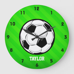 Soccer Ball; Neon Green Stripes Large Clock