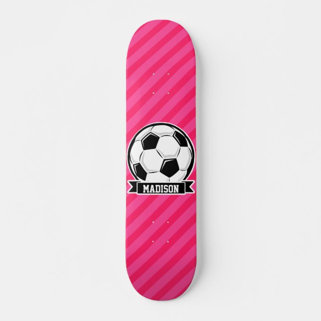 Soccer Ball on Neon Pink Stripes Skateboard (Front)