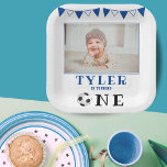 Soccer Ball One 1st Birthday Photo Birthday Party  Paper Plate<br><div class="desc">Soccer Ball One 1st Birthday Photo Birthday Party Paper Plates. Cute birthday party plates for the 1st birthday party with a custom photo. The design has a soccer ball and bunting flags in white and blue colours. Football-themed birthday celebration. Personalize with a child`s photo and child`s name.</div>