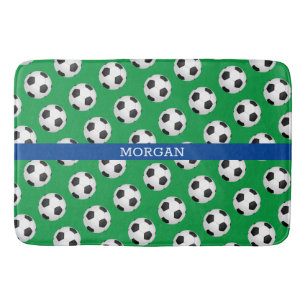 Soccer Ball Pattern, White Name, Blue & Green Bath Mat