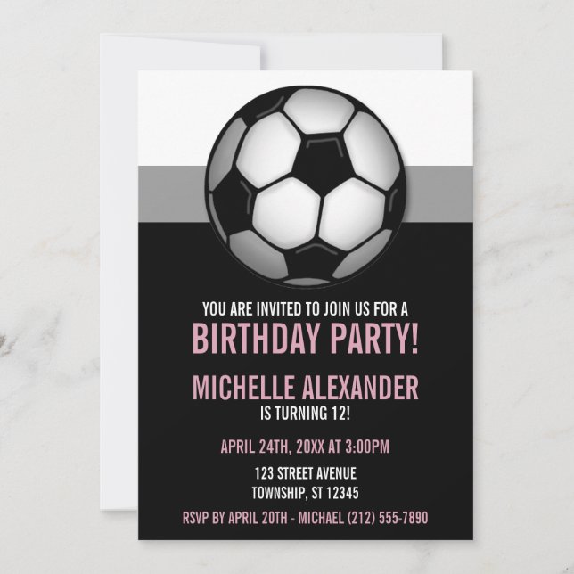 Soccer Ball Pink & Black Birthday Invitations (Front)