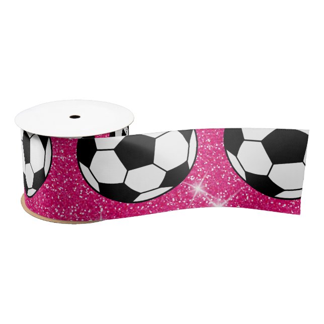 Soccer Ball Pink Frost Glitters Sport Player White Satin Ribbon (Spool)