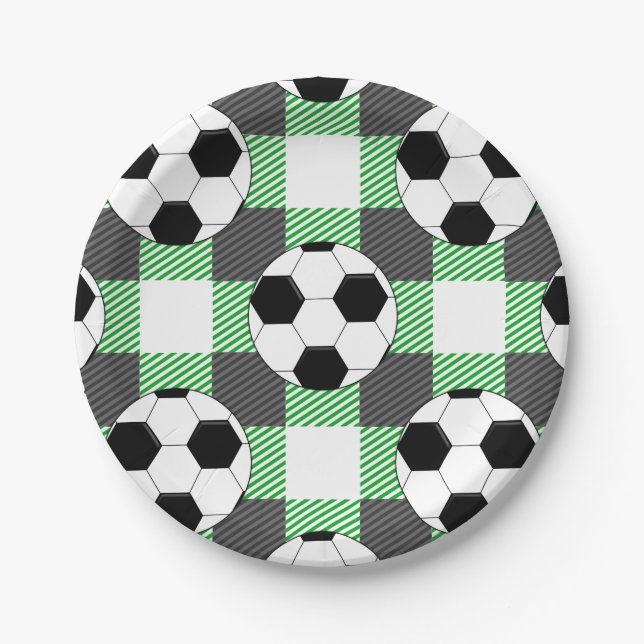 Soccer Ball Plaid Pattern In Black White and Green Paper Plate (Front)