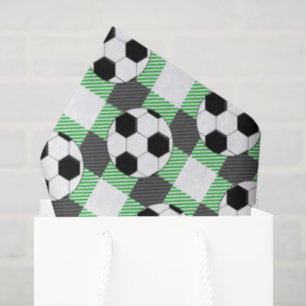 Soccer Ball Plaid Pattern In Black White and Green Tissue Paper