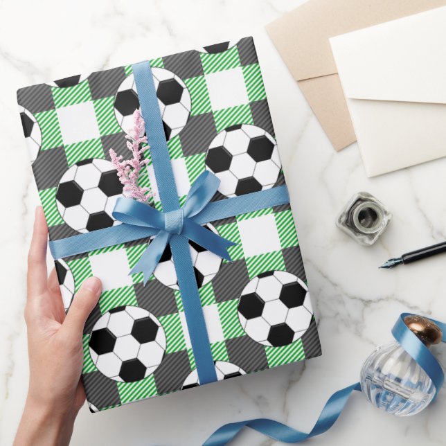 Soccer Ball Plaid Pattern In Black White and Green Wrapping Paper (Gifting)