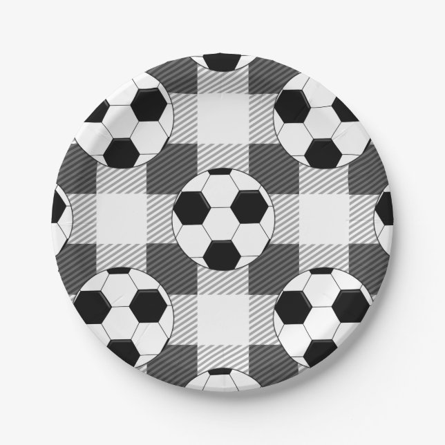 Soccer Ball Plaid Pattern In Black White and Grey Paper Plate (Front)