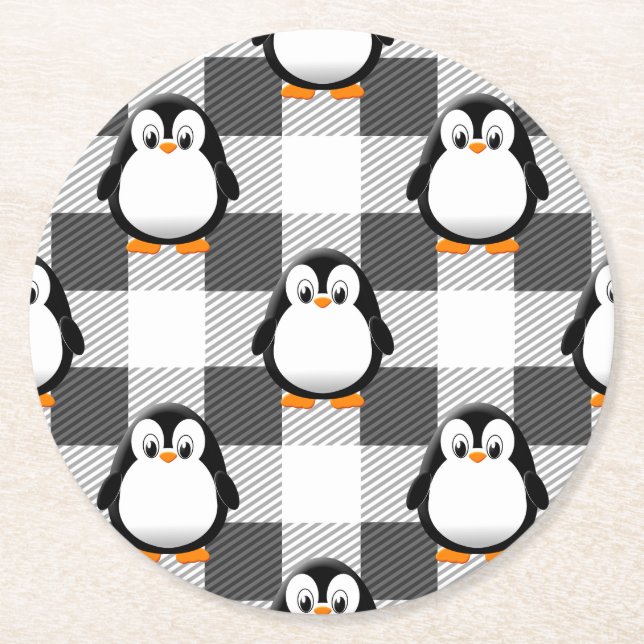 Soccer Ball Plaid Pattern In Black White and Grey Round Paper Coaster (Front)