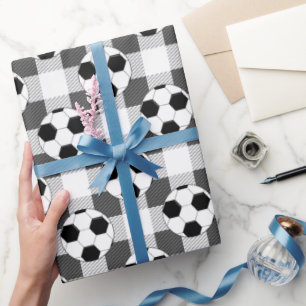 Soccer Ball Plaid Pattern In Black White and Grey Wrapping Paper