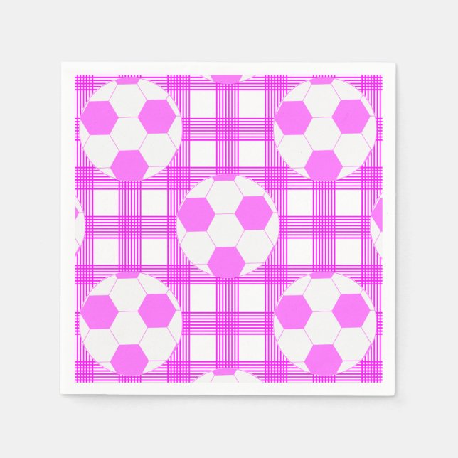 Soccer Ball Plaid Pattern In White and Pink Napkin (Front)