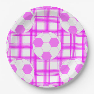 Soccer Ball Plaid Pattern In White and Pink Paper Plate