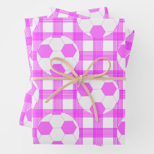 Soccer Ball Plaid Pattern In White and Pink Wrapping Paper Sheet