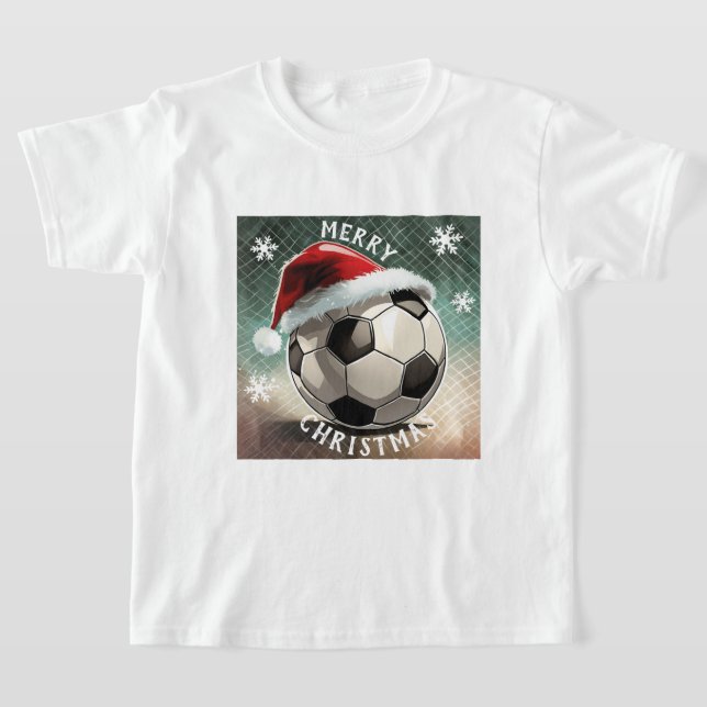Soccer Ball Red Santa Hat Snowflake Christmas T-Shirt (Laydown)