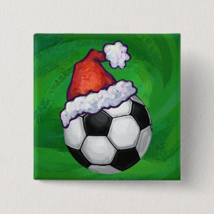 Soccer Ball Santa Hat on Green 2 Inch Square Button