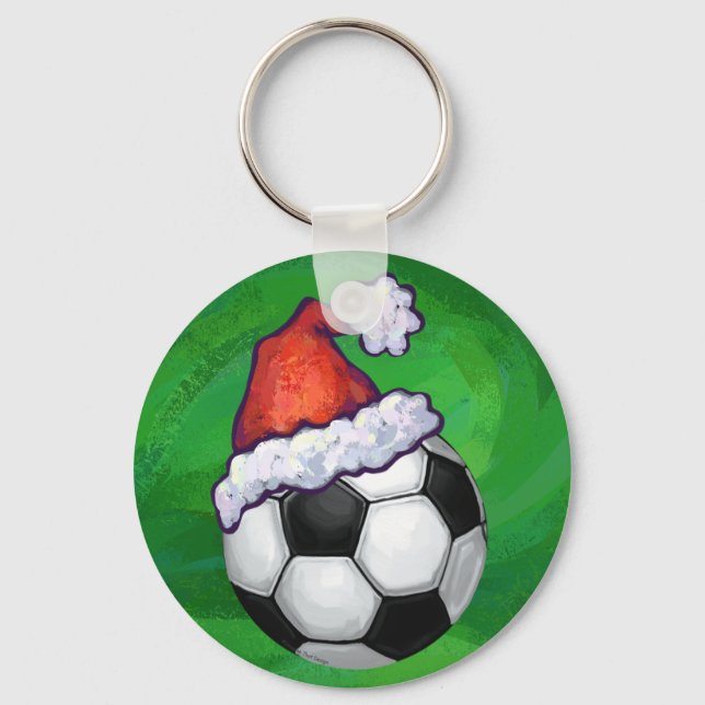 Soccer Ball Santa Hat on Green Keychain (Front)