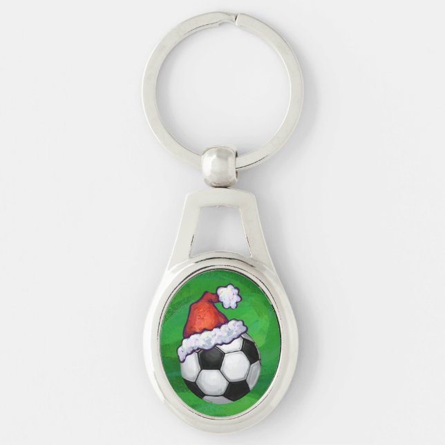 Soccer Ball Santa Hat on Green Keychain (Front)