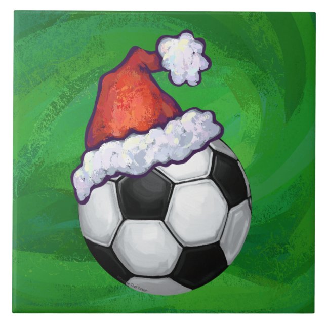 Soccer Ball Santa Hat on Green Tile (Front)