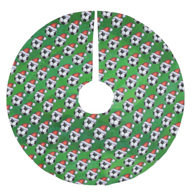 Soccer Ball Santa Hat Pattern on Green Brushed Polyester Tree Skirt (Front)