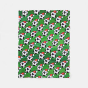 Soccer Ball Santa Hat Pattern on Green Fleece Blanket