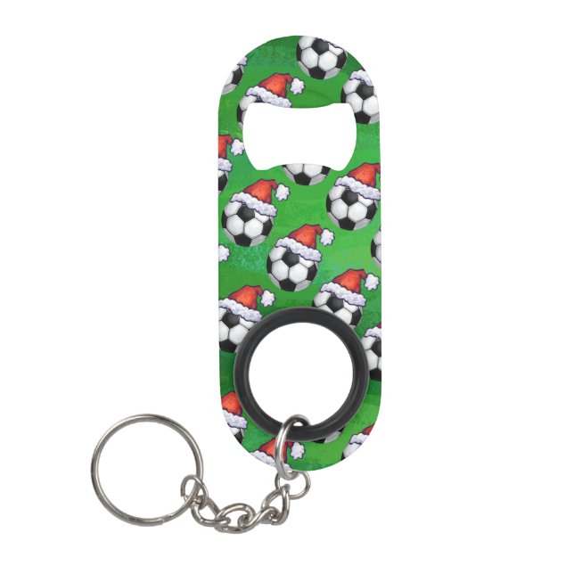 Soccer Ball Santa Hat Pattern on Green Mini Bottle Opener (Front)