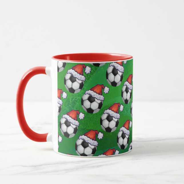Soccer Ball Santa Hat Pattern on Green Mug (Left)