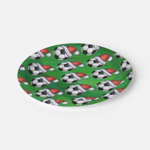 Soccer Ball Santa Hat Pattern on Green Paper Plate
