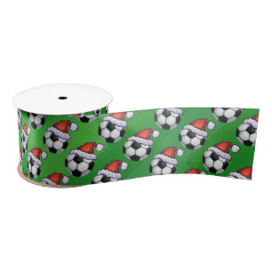 Soccer Ball Santa Hat Pattern on Green Satin Ribbon