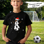 Soccer Ball Snowman Santa Hat with Child's Name T-Shirt<br><div class="desc">Do you have a soccer player in the family? This is the perfect customizable holiday gift for anyone (young or old) who plays soccer! The design on the festive Christmas t-shirt features a snowman made from three soccer balls with a red Santa hat, cool sunglasses, and snowflakes in the background....</div>