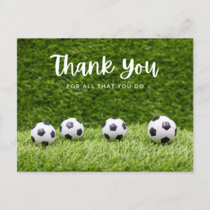 Soccer ball thank you with ball on green grass  postcard
