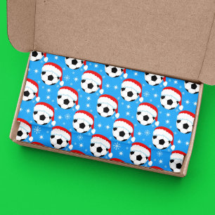 Soccer Ball Wearing Santa's Hat & Snowflakes Blue Tissue Paper
