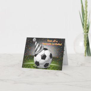 Soccer ball with birthday hat confetti birthday card