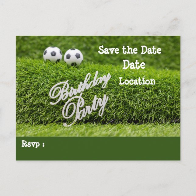 Soccer ball with Birthday Party word on green Save Announcement Postcard (Front)